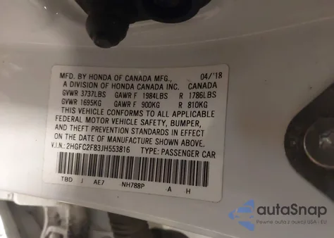 2018 Honda Civic Ex z USA, uszkodzony, nr VIN 2HGFC2F83JH553816